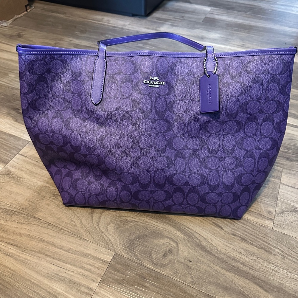 Coach Purple Monogram Tote with Leather Trim